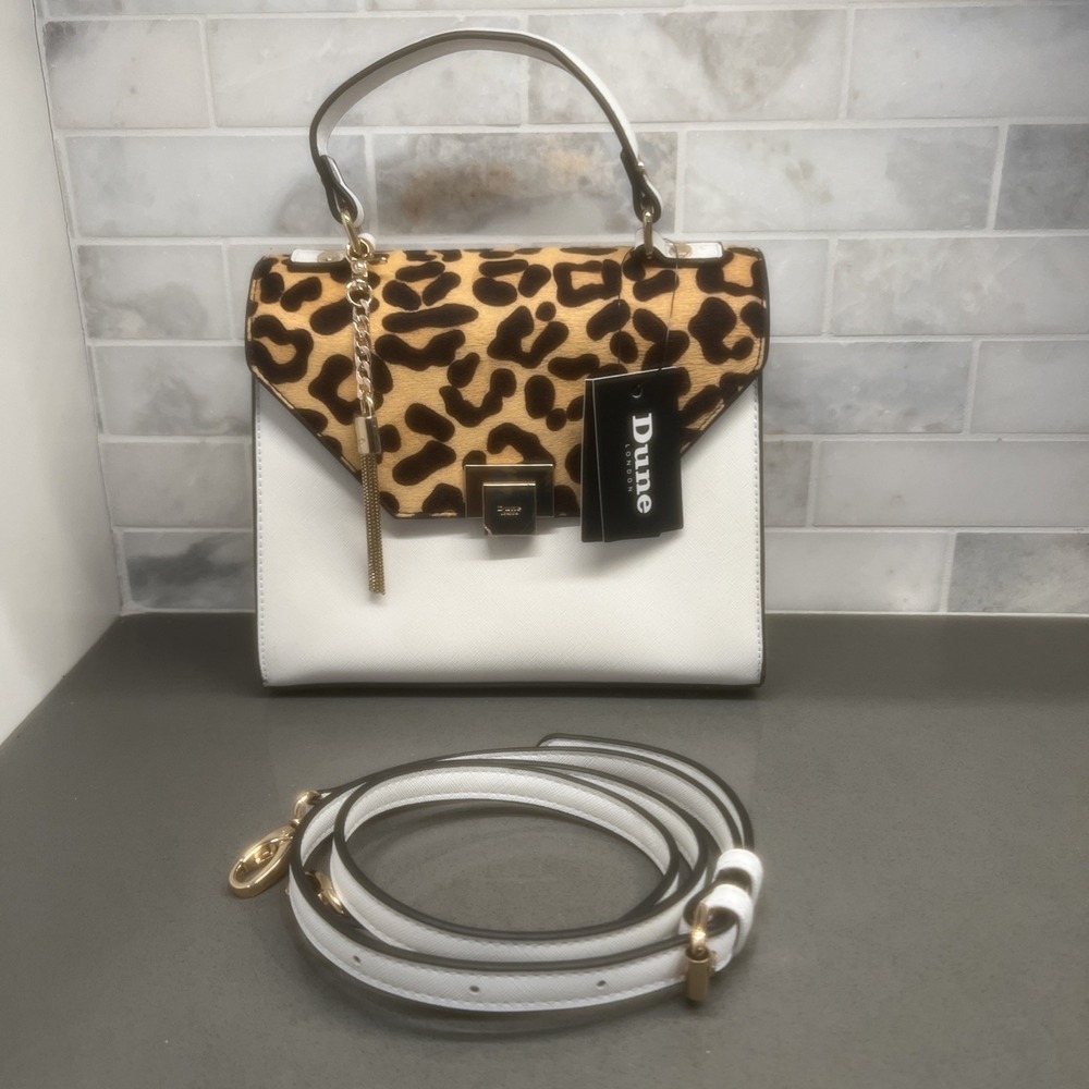 NEW-DUNE-White Leopard Women's Dune Genuine Calf Hair Leather Purse Handbag